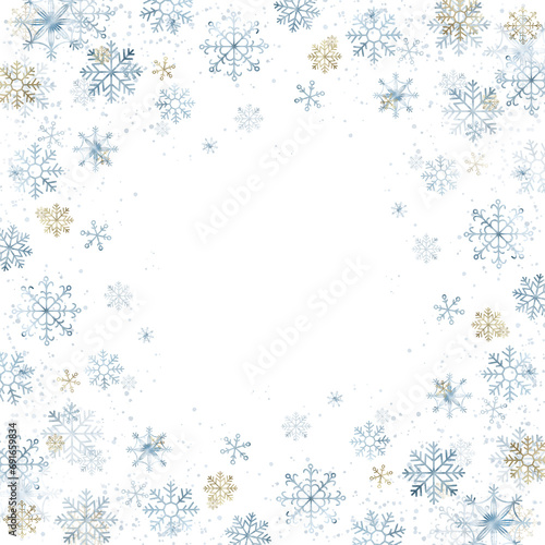 Watercolor frame with blue and gold snowflakes.
