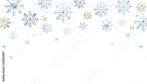 Watercolor border with blue and gold snowflakes.