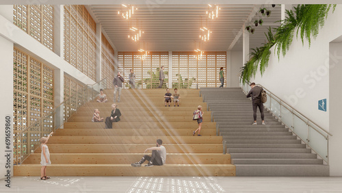 Tableau sur toile Library, multipurpose staircase, frontal render, natural lighting and ventilatio