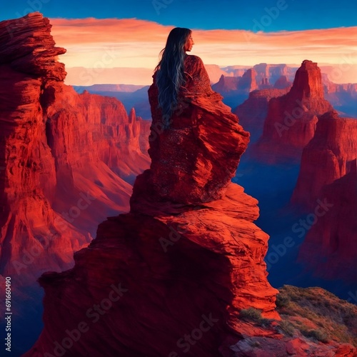Atop a craggy peak, a figure cloaked in a garment adorned with Native American patterns gazes upon a wondrous expanse. Below, a vast canyon unfolds, adorned with layers of red rock formations carved b