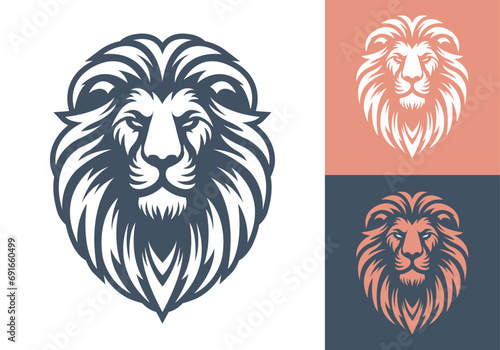Lion face front view vector art image business company logo template, brand identity logotype on white and dark backgrounds.