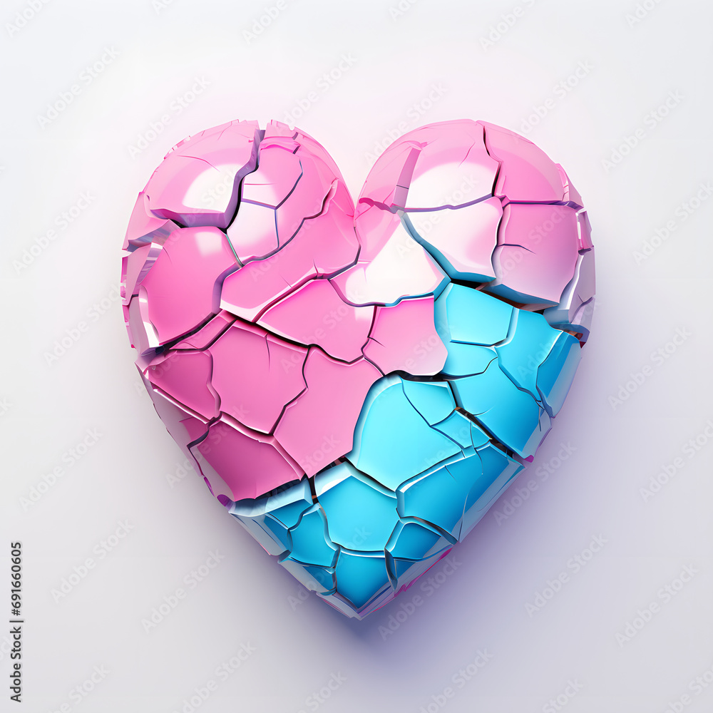 Glued pieces of a broken blue pink heart. Minimal love symbol on white background Glued pieces of a broken blue pink heart. Minimal love symbol on white background