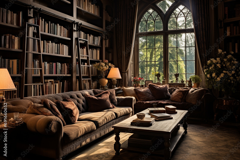 Gothic Haven: Sunlit Tranquility in a Cozy Home Library with Plush Sofas, Earth-Toned Cushions, and Floral Elegance. Gothic Haven: Sunlit Tranquility in a Cozy Home Library with Plush Sofas, Earth-Toned Cushions, and Floral Elegance.