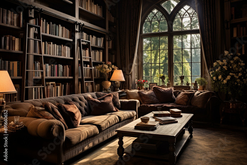 Gothic Haven: Sunlit Tranquility in a Cozy Home Library with Plush Sofas, Earth-Toned Cushions, and Floral Elegance. 