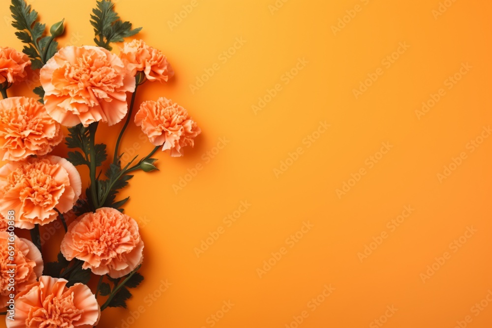 Marigold Roses Flower Border Over a Coral Background With Copy Space. Copy space.