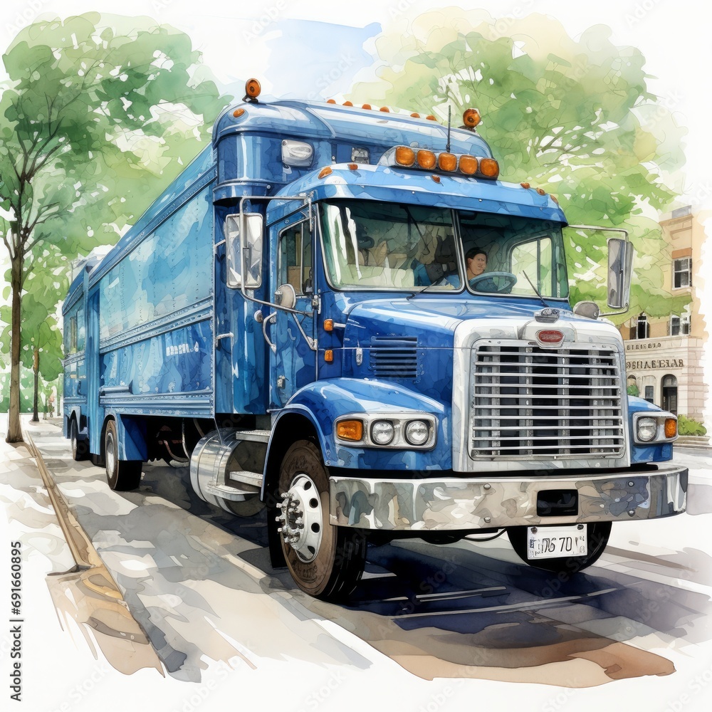 Watercolor a blue postal truck delivering mail. AI generate illustration