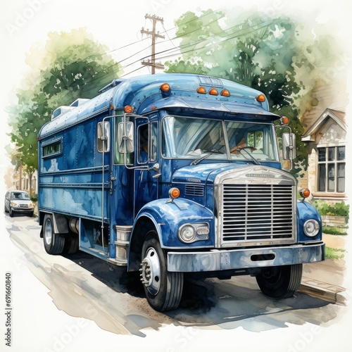 Watercolor a blue postal truck delivering mail. AI generate illustration