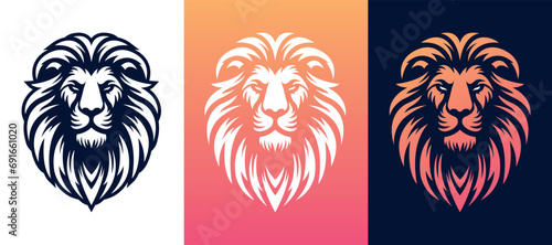 Lion head vector line art illustration isolated on dark and white background. Lion face and mane business logo design template.