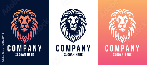 Lion head company logo vector line art illustration on black and white background. Lion face and mane business logo design.