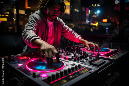 Man in pink hoodie mixing music on turntable.