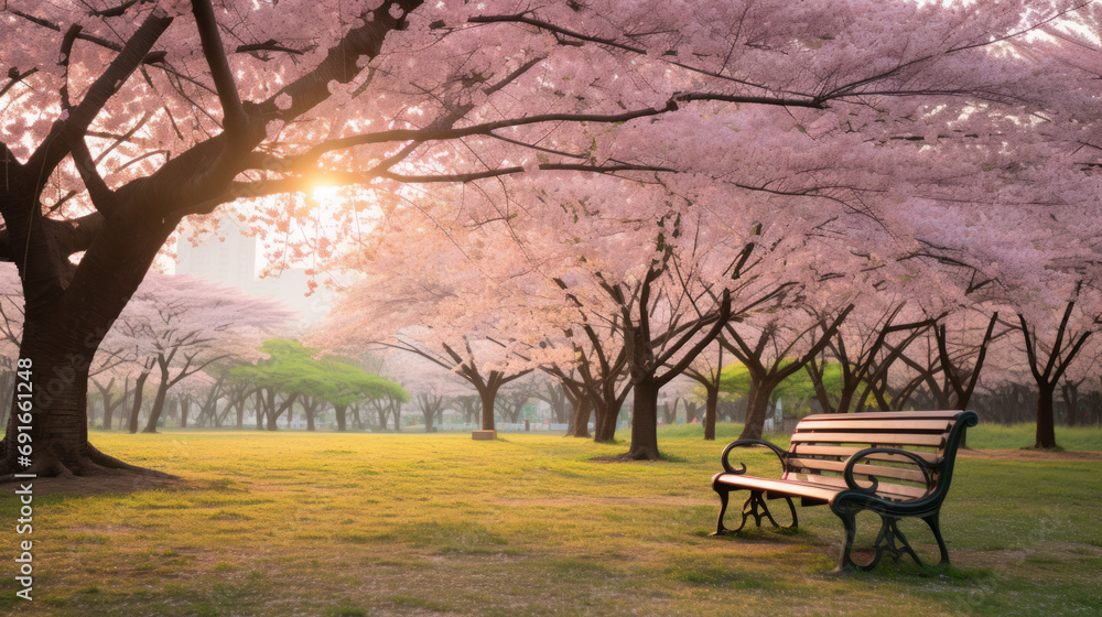cherry blossoms in full bloom in a park, Japan