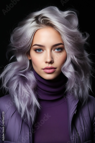 Woman with grey hair and purple turtle neck sweater is posing for picture.