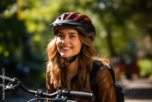 Woman wearing helmet and smiling for the camera while riding bike.