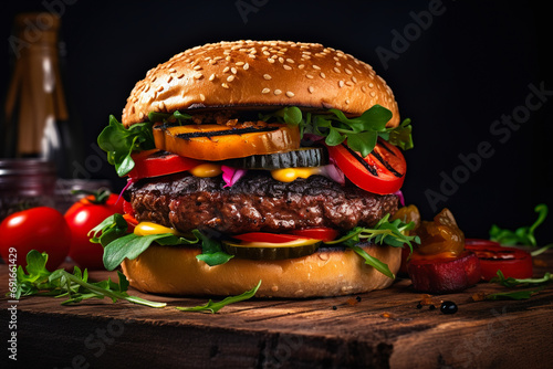 Juicy huge hamburger with meat and vegetables from the grill on a wooden table.
