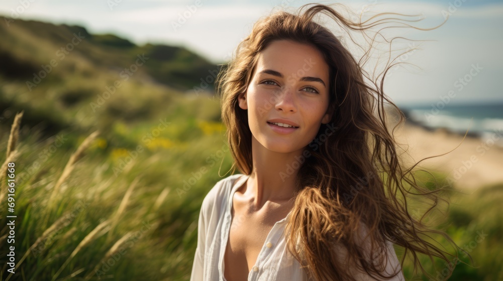 Vivid photo of a young woman , who is beaming with joy and contentment, surrounded by sand dunes with green vegetation reflecting the sunlight