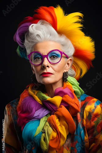 Woman with colorful hair and glasses on her face and wearing scarf.