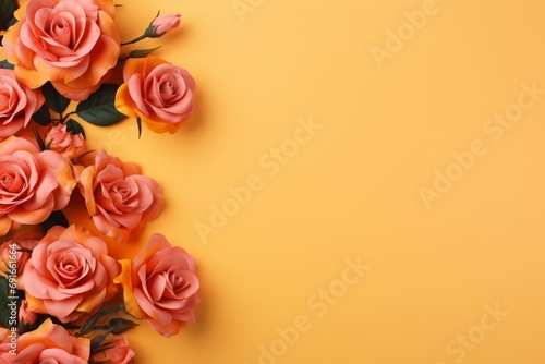 Mustard Roses Flower Border Over a Coral Background With Copy Space. Copy space.