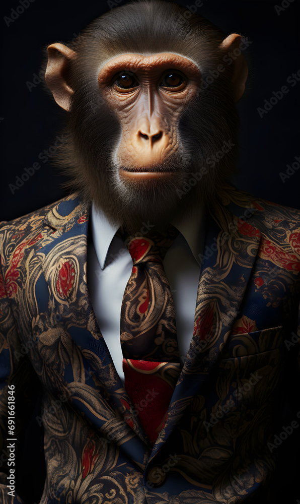 Portrait of a Monkey dressed in an elegant patterned suit with tie, confident and classy high Fashion portrait of an anthropomorphic animal, posing with a charismatic human attitude