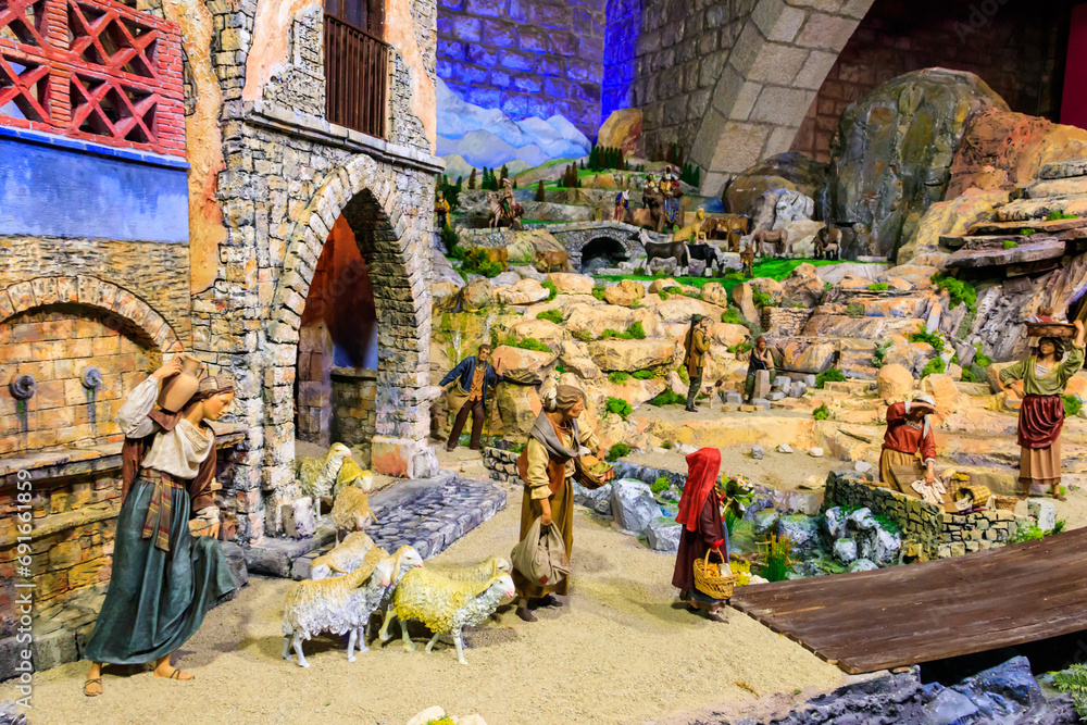 Christmas Nativity Scene. Intricately crafted nativity scene with figurines depicting the birth of Jesus, symbolizing the religious significance of Christmas