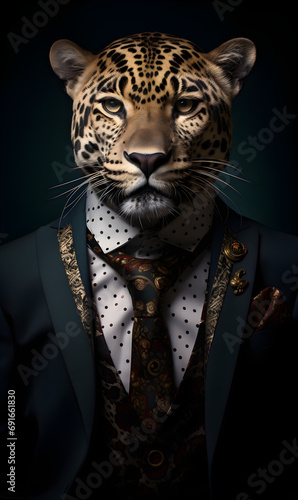 Portrait of leopard dressed in an elegant patterned suit with tie, confident and classy high Fashion portrait of an anthropomorphic animal, posing with a charismatic human attitude
