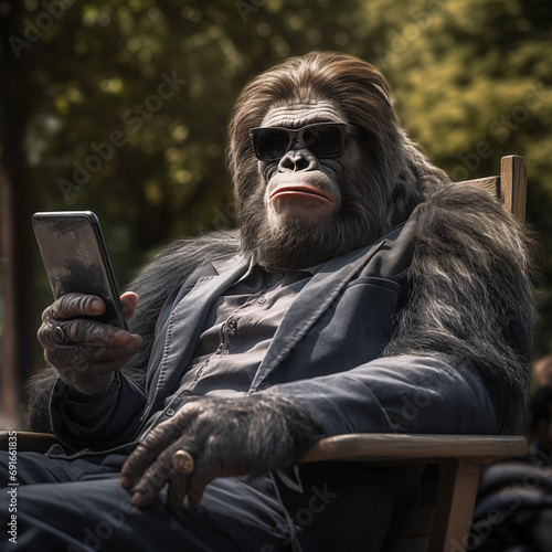 a gorilla taking a photo with his cell phone