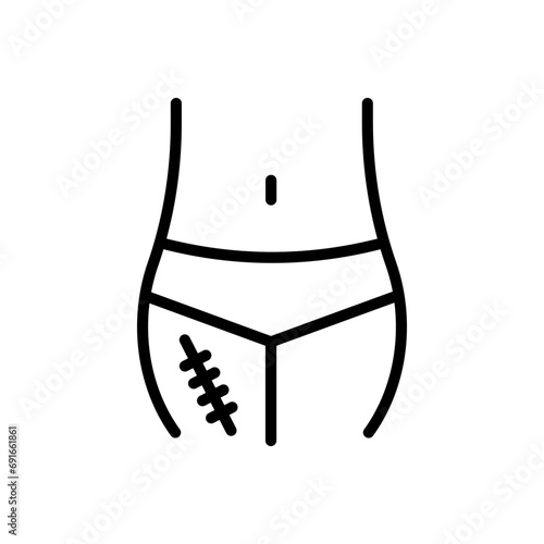 Scar Removal icon. injury or female birthmark on belly removal symbol. scar on body due to surgery treatment while pregnancy stitch vector. cesarean abdominal operation skin scar recovery line logo