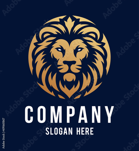Lion face front view vector art image business company logo template, brand identity logotype on white and dark backgrounds.
