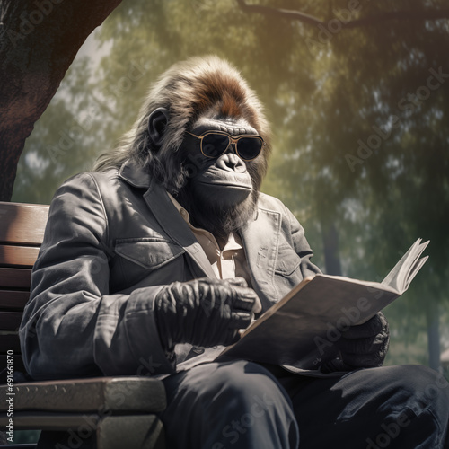 a gorilla holding a tablet