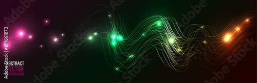 Abstract Glowing lighting lines on Black Background. Futuristic Space Vector Background. Neon Lights.