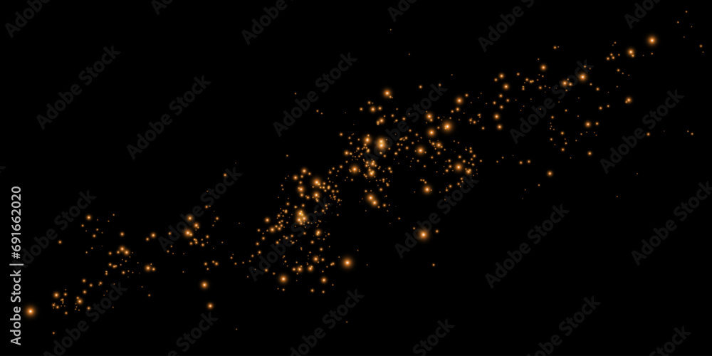 Dust sparks and golden stars shine with special light. Vector sparks on black background. Christmas light effect. Sparkling magic dust particles. - obrazy, fototapety, plakaty 