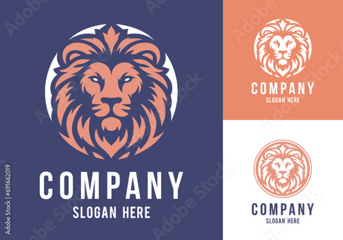 Lion head logo template design line art vector illustration isolated on white and dark backgrounds. Lion face with mane hair brand identity logotype design.