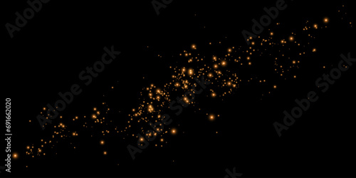 Dust sparks and golden stars shine with special light. Vector sparks on black background. Christmas light effect. Sparkling magic dust particles.