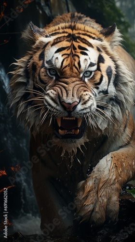 A shot of a tiger in the jungle, massive claws and paws, waterfall background