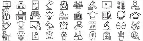 Outline icons of education, studying and science. Includes human brain, fields of study, graduation, school, university and knowledge. Designed for web, mobile, promo materials. Vector illustration
