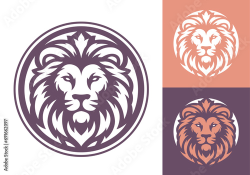Lion head logo template design line art vector illustration isolated on white and dark backgrounds. Lion face with mane hair brand identity logotype design.