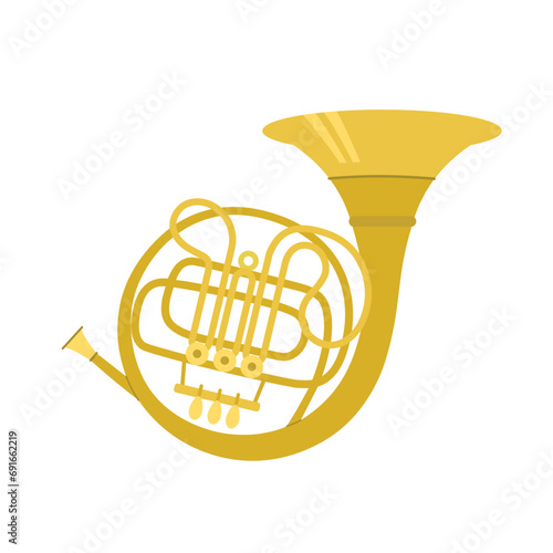 French Horn is a gold-colored brass instrument with three valves on  white isolated background. Vector illustration.