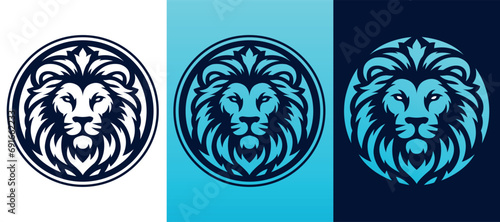 Lion head vector line art illustration isolated on dark and white background. Lion face and mane business logo design template.