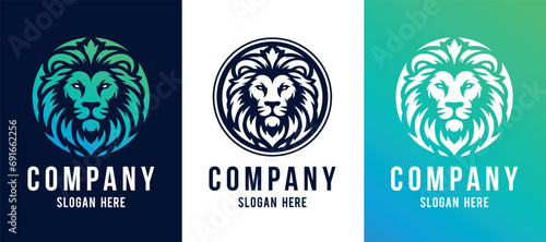 Lion face front view logotype line art eps vector art image illustration. Lion head with mane hair business company logo design and brand identity graphic.