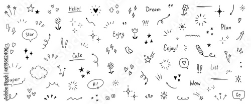 Doodle cute star, heart, arrow pen line elements. Doodle heart, emphasis, star, sparkle decoration symbol set icon. Simple sketch line style text decoration, emphasis elements. Vector illustration