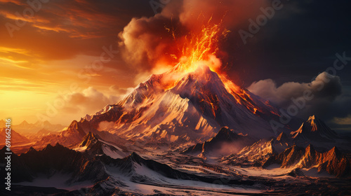 Active volcano on Kamchatka with the flowing lava.