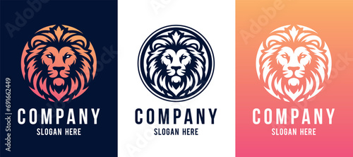 Lion head company logo vector line art illustration on black and white background. Lion face and mane business logo design.