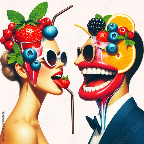 Couple headed with tasty cocktail with berries and big female mouth on pastel background. Copy space for ad, text. Modern design. Conceptual, contemporary bright artcollage. Summertime, surrealism. photo