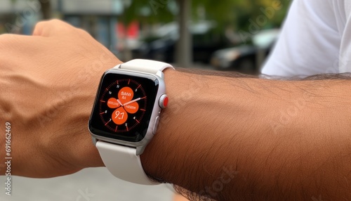 A person hand wearing a smart watch on his wrist
