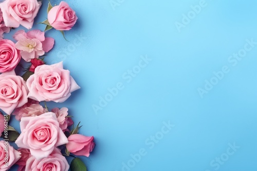 Pink Roses Flower Border Over a Blue Background With Copy Space. Copy space.