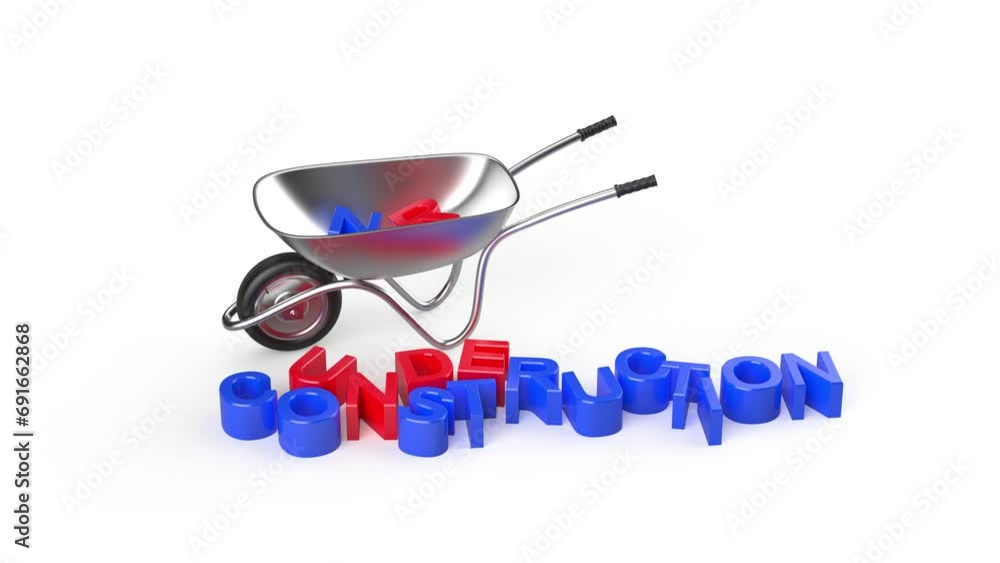Text 'under construction' and a wheelbarrow on a white background, conceptual footage Text 'under construction' and a wheelbarrow on a white background, conceptual footage