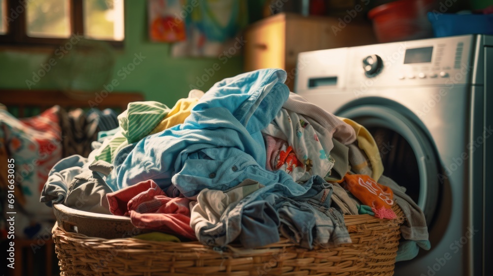 A pile of dirty clothes in a basket in front of the washing machine  - obrazy, fototapety, plakaty 