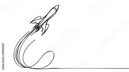 One continuous line drawing of simple retro spacecraft flying up to the outer space nebula.