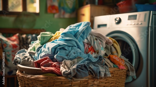 A pile of dirty clothes in a basket in front of the washing machine  photo