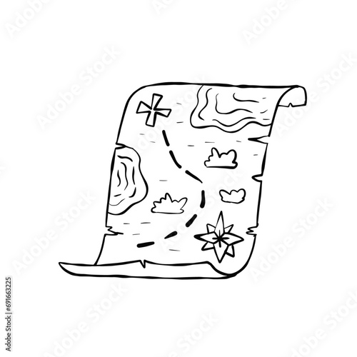 Pirate map of treasure. Adventure and quest. Old paper manuscript for travel or navigation. Black and white illustration