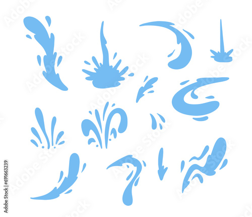 Set of water droplets and jets of different shapes. Drop of blue liquid. Freshness and cleanliness icon. Abstract spray and wet fluid isolated on white